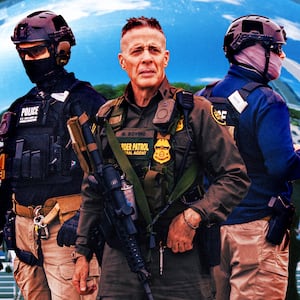 A photo illustration of Chief Patrol Agent of the El Centro Sector for U.S. Customs and Border Protection Gregory Bovino and immigration agents in front of The Bean Cloud Gate in Chicago.