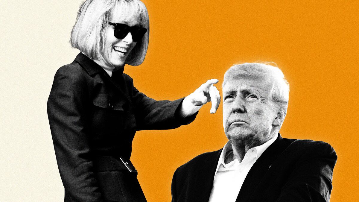 An illustration including photos of E. Jean Carroll and Trump.