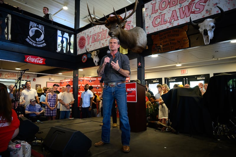 DES MOINES, IOWA - AUGUST 17: United States Secretary of War Pete Hegseth appears onstage at a campaign event for Republican candidate for Iowa's 3rd Congressional District Zach Nunn on day five of the Iowa State Fair on August 17, 2026 in Des Moines, Iowa. The Iowa State Fair is the largest event in Iowa and one of the oldest and largest agricultural and industrial expositions in the country. (Photo by Leon Neal/Getty Images)