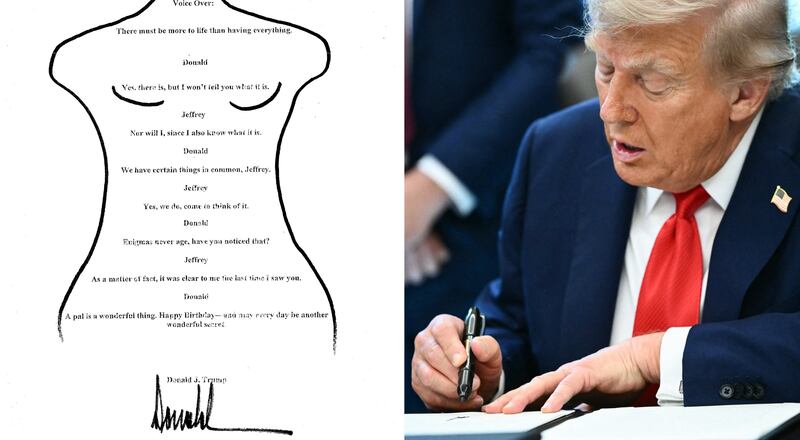 A message in Jeffrey Epstein's book alongside Donald Trump signing documents in the Oval Office.