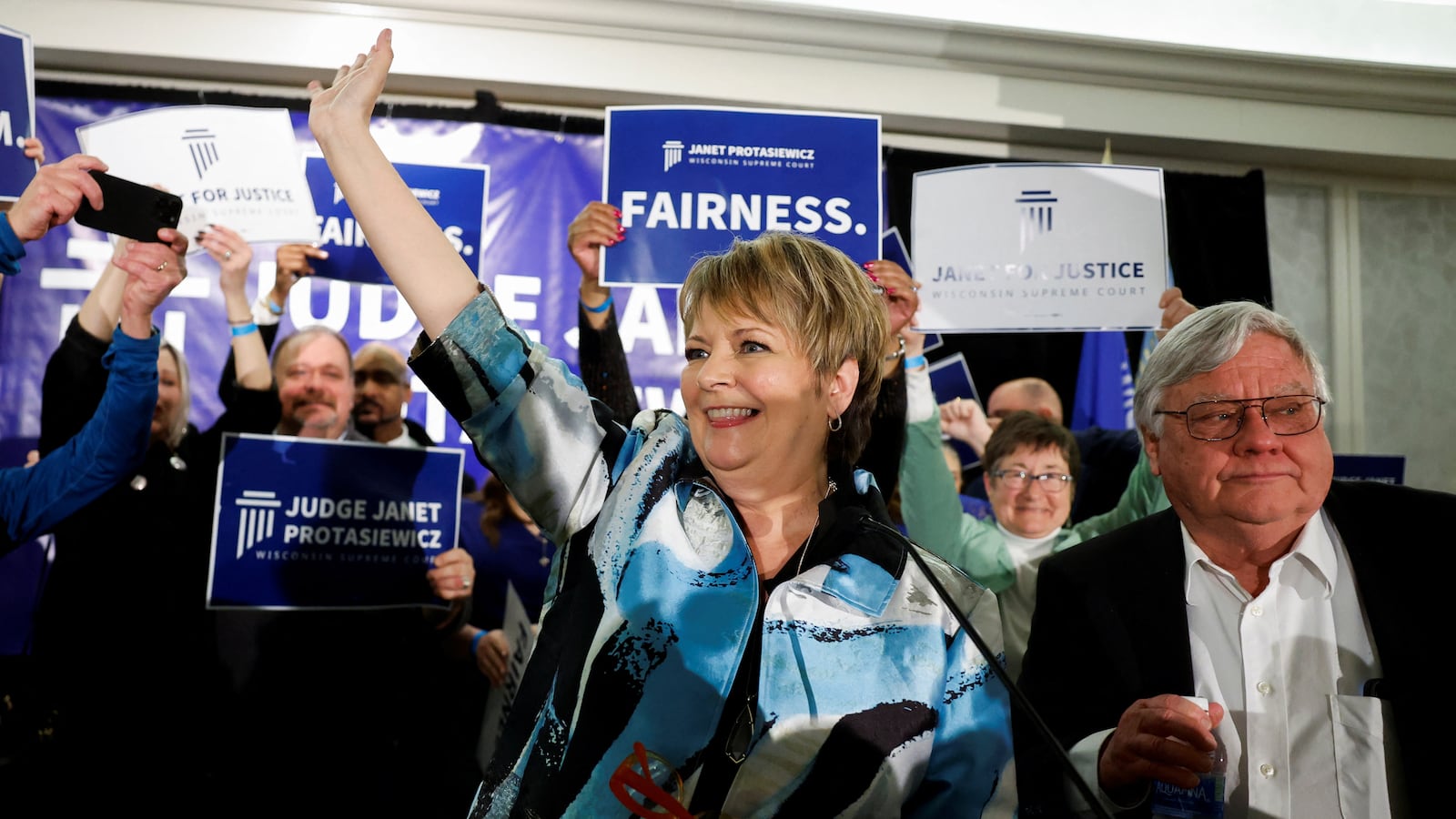 Wisconsin Supreme Court candidate Janet Protasiewicz celebrates after the race was called for her during her election night watch party in Milwaukee, Wisconsin, U.S., April 4, 2023.