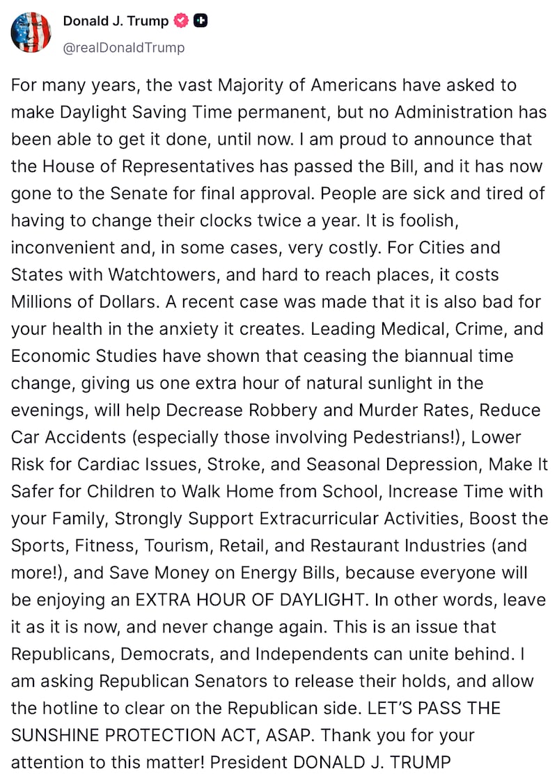 President Trump boasts about his Daylight Saving Time bill.