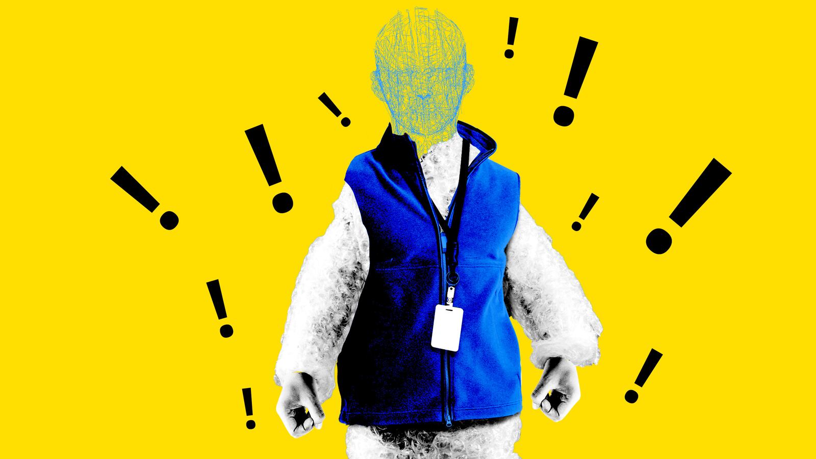 Person wrapped in bubble wrap wearing a tech bro vest and lanyard with a digital map of a face and exclamation points around them