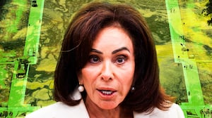 A photo illustration of Jeanine Pirro and the DC reflecting pool.