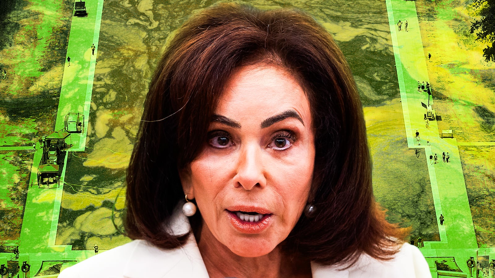 A photo illustration of Jeanine Pirro and the DC reflecting pool.