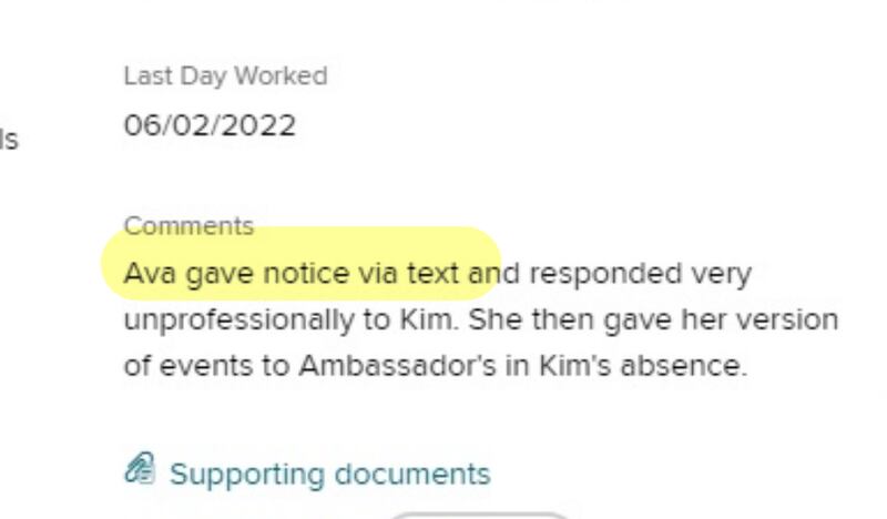 A National Park Service document showing that Ava Misseldine quit on June 2, 2022.