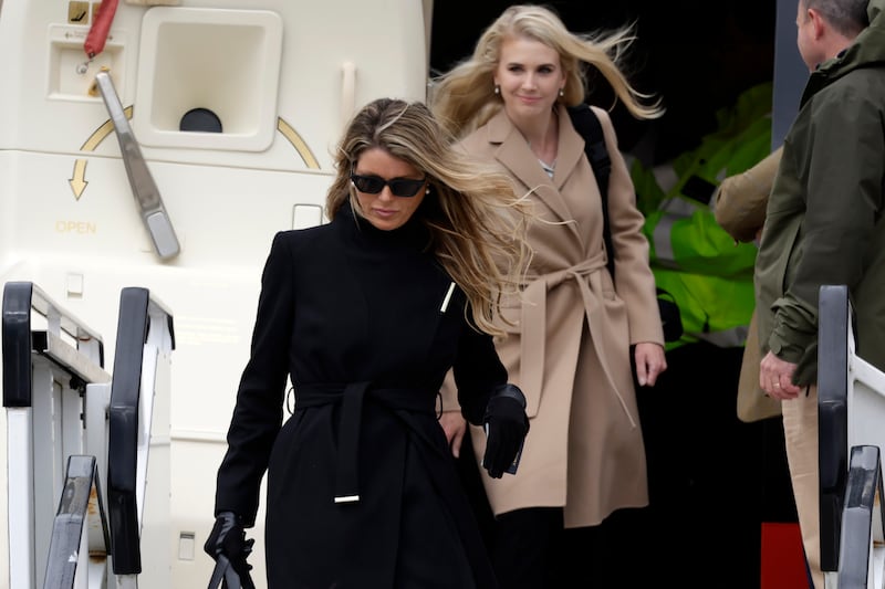 Bettina Anderson and Natalie Harp disembark "Trump Force One" at Aberdeen Airport on May 1, 2023 in Aberdeen, Scotland.