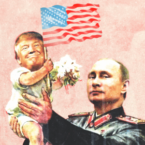 A modified picture adding a treatment and flowing American flag of tags at souvenir kiosk offering among others a drawing depicting Russian President Vladimir Putin holding a baby with the face of US President Donald Trump, based upon a propaganda poster showing late soviet leader Joseph Stalin holding a baby, in Moscow.