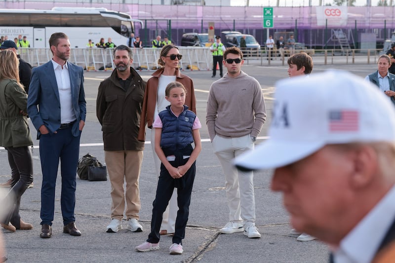Eric Trump, Lara Trump, Donald Trump Jr. and Bettina Anderson stand together, near U.S. President Donald Trump, at Shannon Airport in Ireland, September 13, 2026.