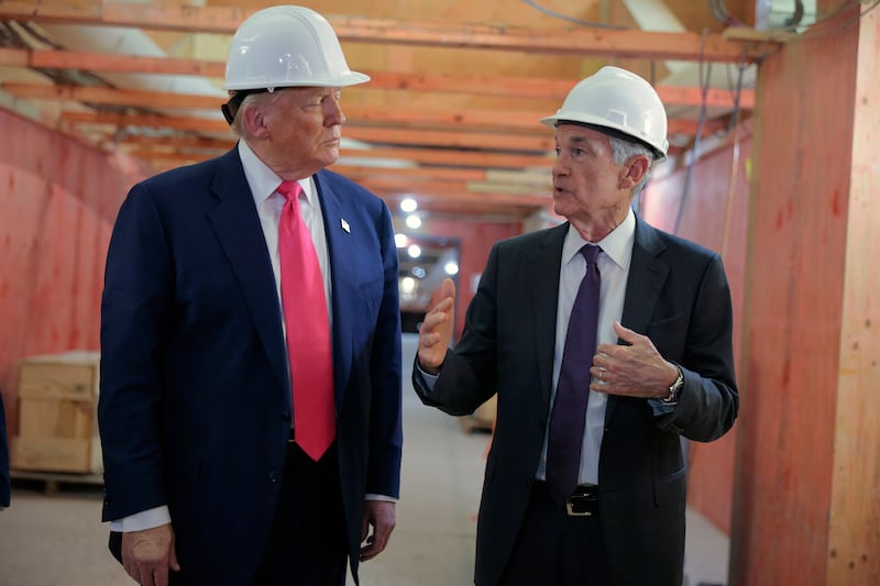 WASHINGTON, DC - JULY 24: U.S. President Donald Trump and Federal Reserve Chair Jerome Powell tour the Federal Reserve’s $2.5 billion headquarters renovation project on July 24, 2025 in Washington, DC. The Trump administration has been critical of the cost of the renovation and Federal Reserve Chairman Jerome Powell. (Photo by Chip Somodevilla/Getty Images)