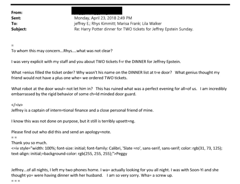 An email from Peggy Siegal, an Epstein associate, detailed how Epstein was unable to attend the "Harry Potter" Broadway premiere.