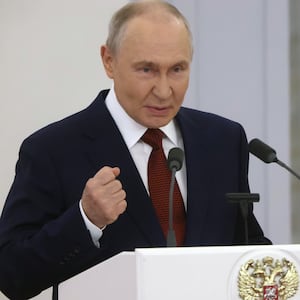 Russian President Vladimir Putin speaks at the Saint George's Hall of Grand Kremlin Palace during his meeting with State Duma deputies, on July 27, 2026 in Moscow, Russia.