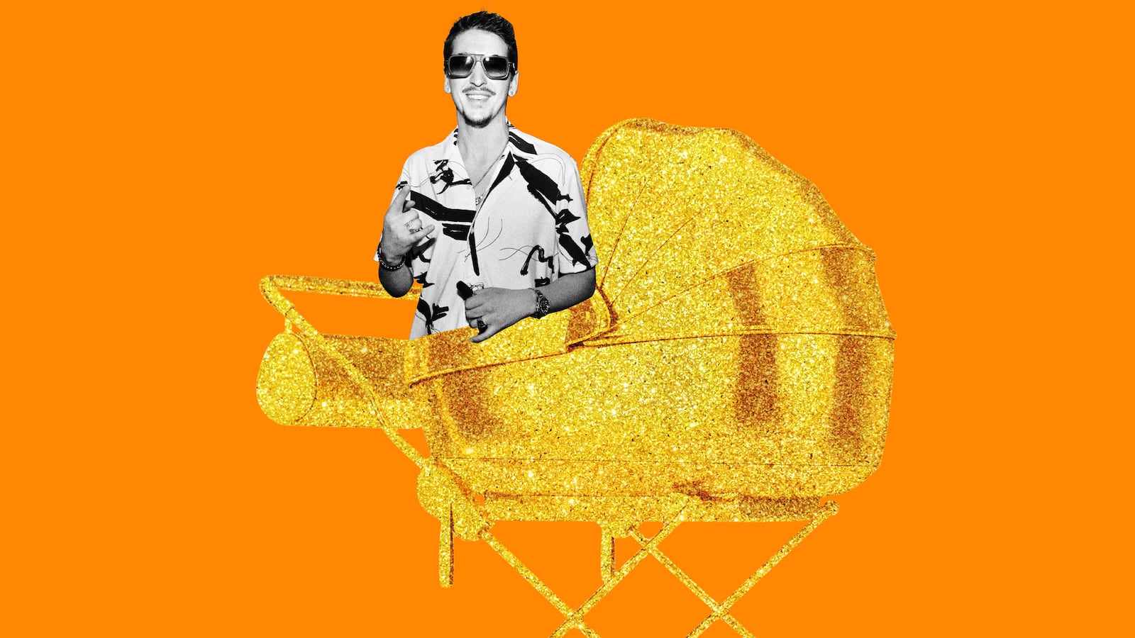 An illustration including a photo of Hunter Fieri and a Golden Stroller