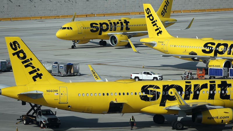 Spirit Airlines jetliners on the tarmac at Fort Lauderdale Hollywood International Airport. 