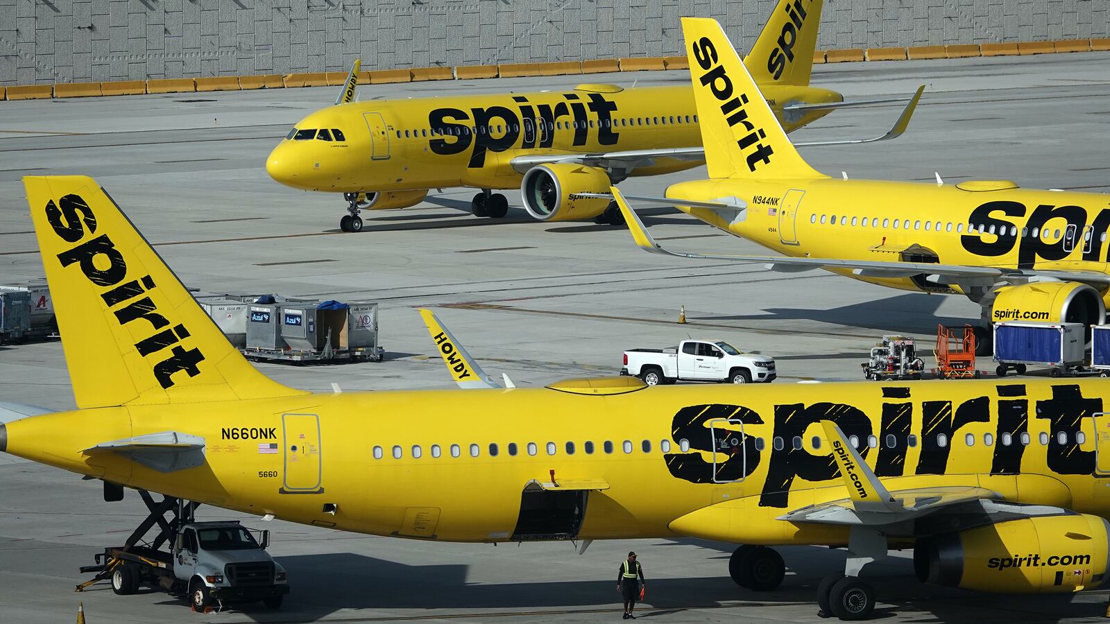 Spirit Airlines jetliners on the tarmac at Fort Lauderdale Hollywood International Airport.