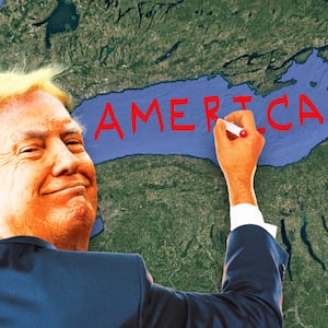 A photo illustration of Donald Trump changing the name of Lake Ontario to Lake America.