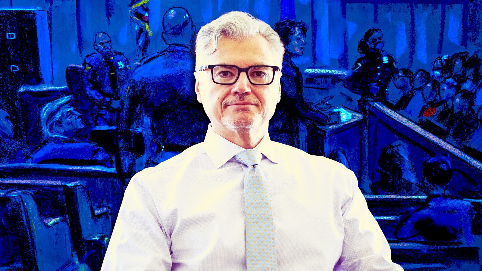 A photo illustration of Judge Juan Merchan and the Donald Trump hush money trial.