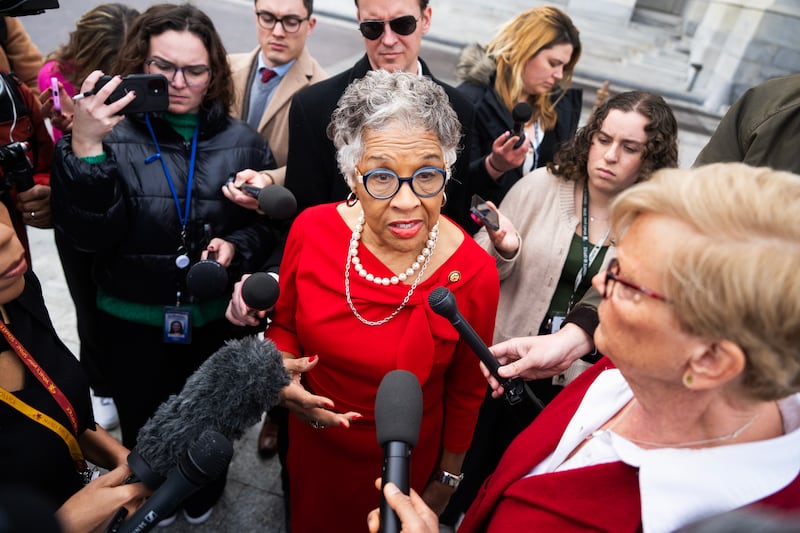 UNITED STATES - DECEMBER 18: Reps. Joyce Beatty, D-Ohio, and Chellie Pingree, D-Maine, right, talk with reporters about the renaming of the Kennedy Center to include President Donald Trump's name, outside the U.S. Capitol on Thursday, December 18, 2025. (Tom Williams/CQ-Roll Call, Inc via Getty Images)