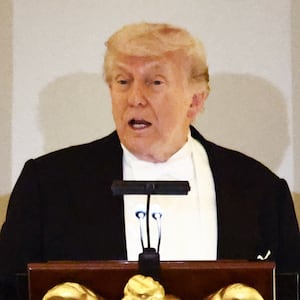 President Donald Trump speaks as he and First Lady Melania Trump host Britain's King Charles III and Queen Camilla during a State Dinner in the East Room of the White House in Washington, DC, on April 28, 2026.