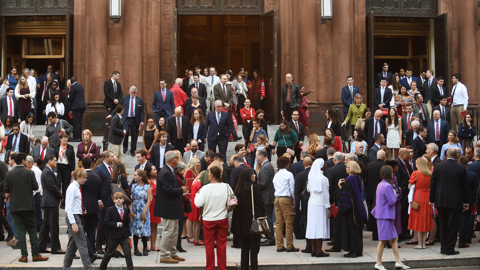 WASHINGTON, D.C., OCTOBER 6: Worshipers leave after celebrating the 72nd Annual Red Mass at the Cathedral of St. Matthew the Apostle in Washington, D.C., October 6, 2024. The mass, which is sponsored by the John Carroll Society, is held annually on the Sunday before the first Monday in October, which marks the beginning of the new term of the Supreme Court. The mass attempts to invoke God's blessings on officials and politicians primarily responsible for the administration of justice. Supreme Court Justices John G. Roberts, Brett M. Kavanaugh, and Amy Barrett attended the mass. (Astrid Riecken For The Washington Post via Getty Images)