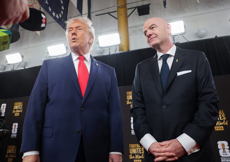 President Donald Trump and FIFA President Gianni Infantino attend the red carpet ahead of the FIFA World Cup 2026 Final Draw at the John F. Kennedy Center for the Performing Arts on December 05, 2025.