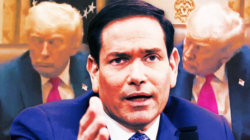 A photo illo illustration of Marco Rubio and screen grabs of Trump falling asleep.