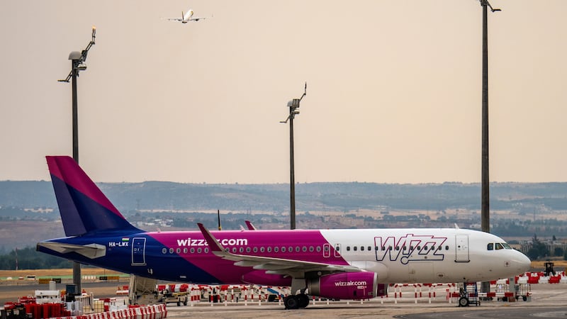 A photo of a Wizz Air place at a Spanish airport. 