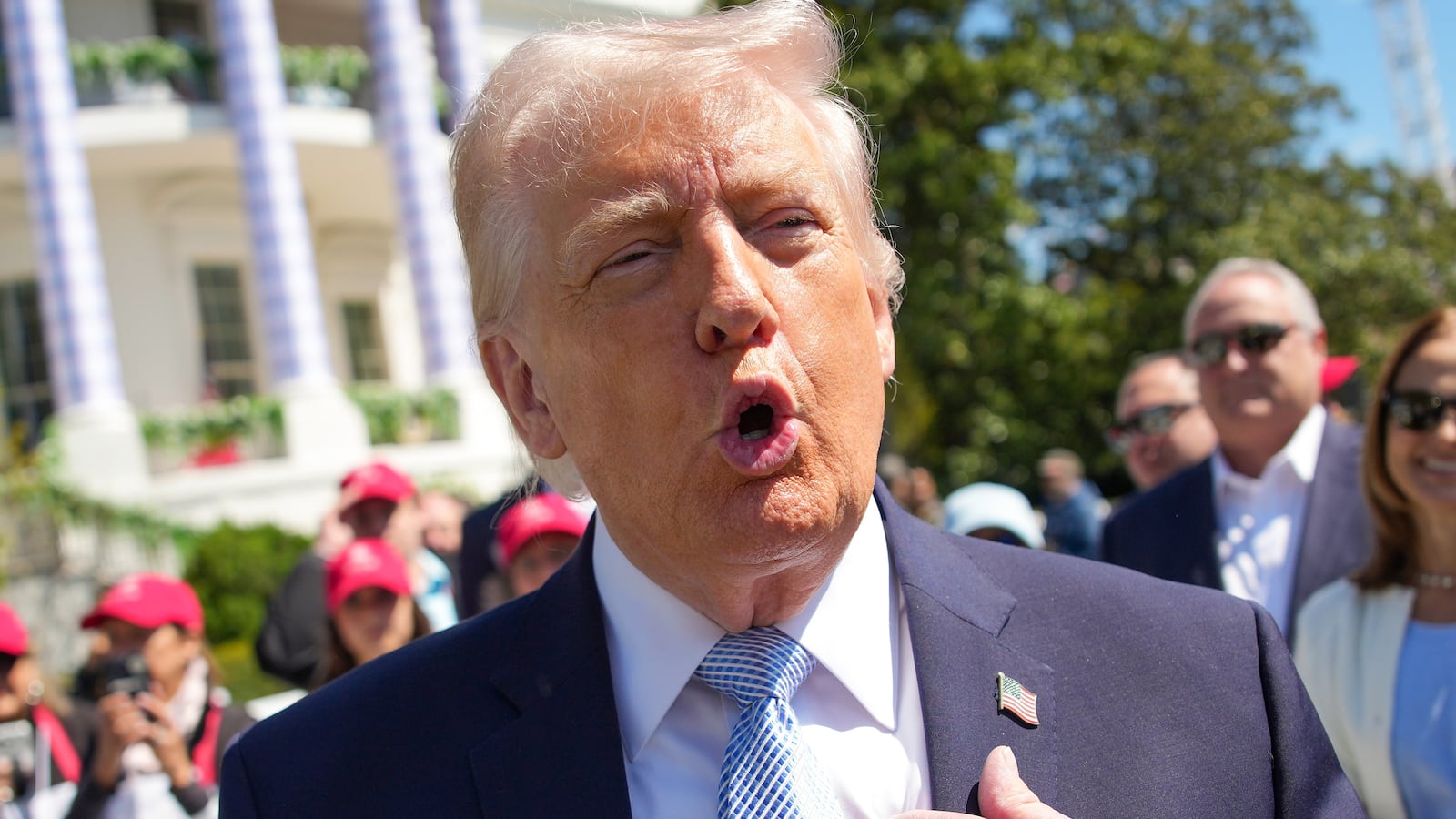 U.S. President Donald Trump speaks to the media as he attends the White House Easter Egg Roll on the South Lawn of the White House on April 06, 2026 in Washington, DC.