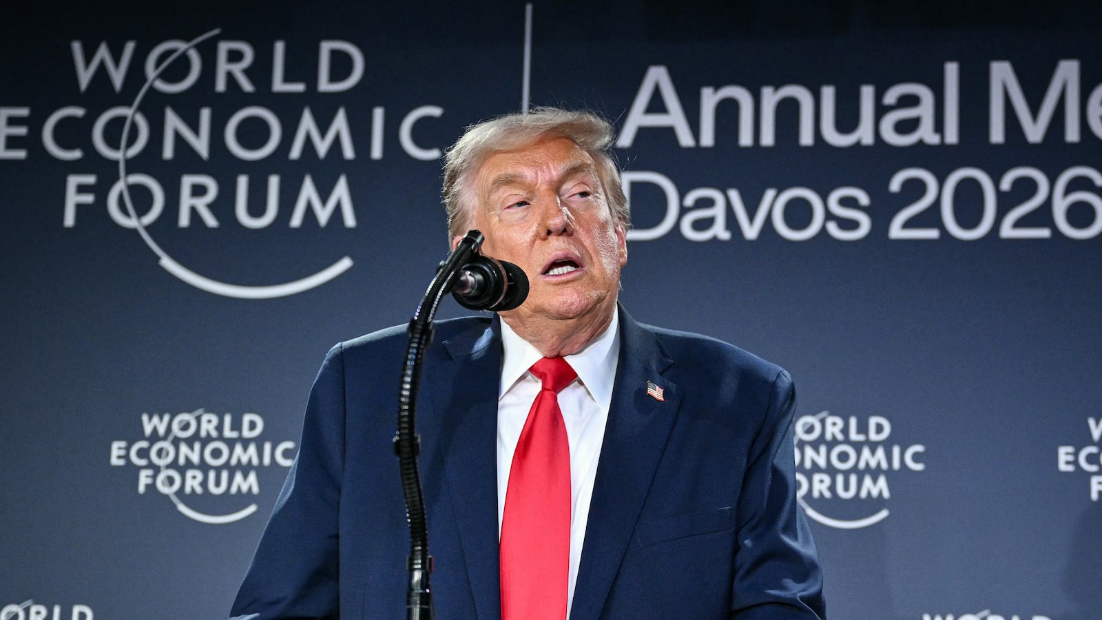 US President Donald Trump speaks during a reception with business leaders on the sidelines of the World Economic Forum (WEF) annual meeting in Davos on January 21, 2026. The World Economic Forum takes place in Davos from January 19 to January 23, 2026. (Photo by Mandel NGAN / AFP via Getty Images)