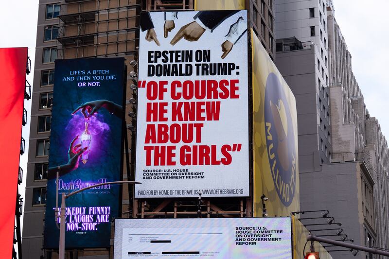 A billboard in Times Square highlights Jeffrey Epstein's comment that Donald Trump