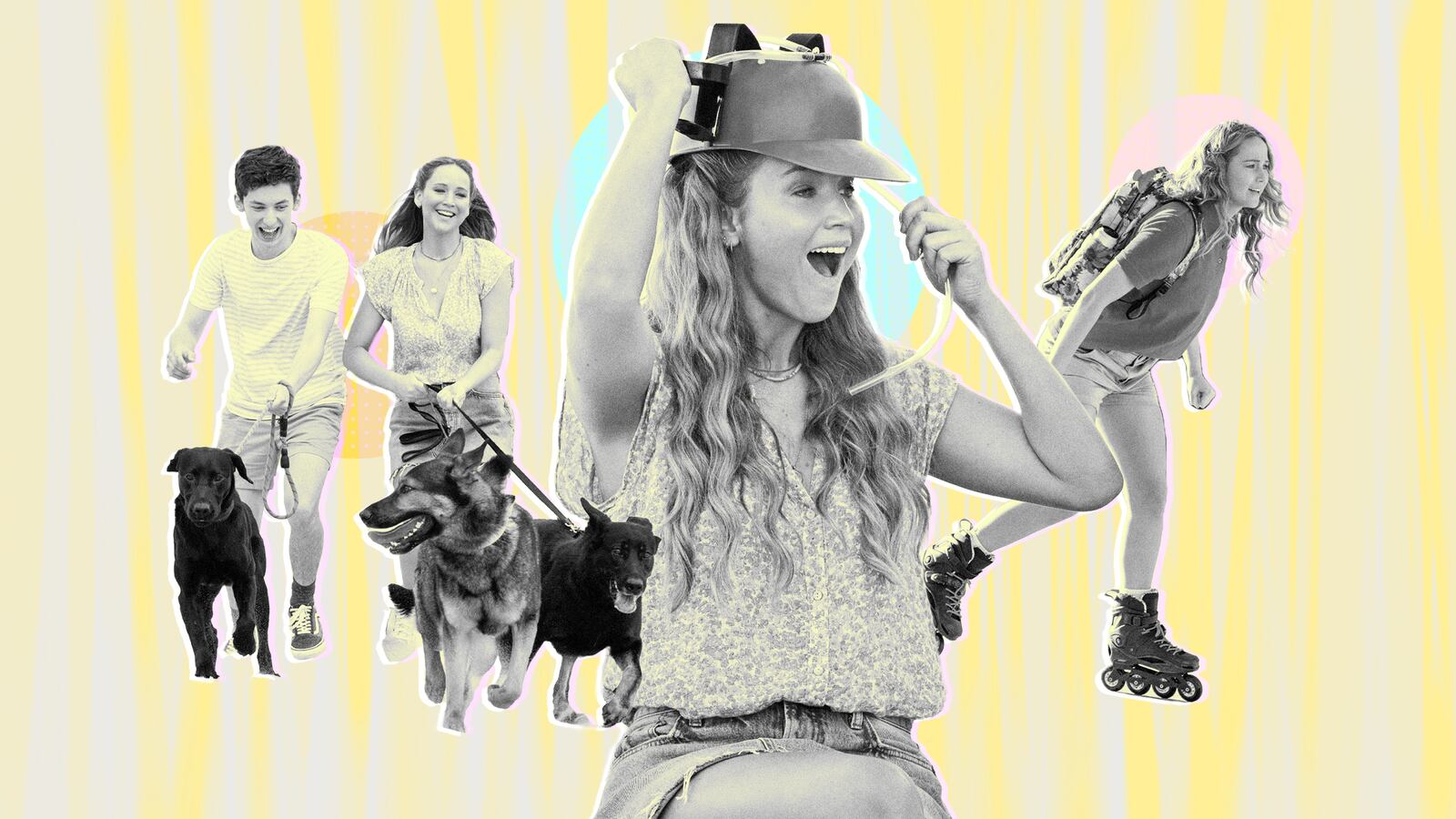 A photo illustration of cutouts of Jennifer Lawrence and Andrew Feldman scenes from the movie No Hard Feelings.