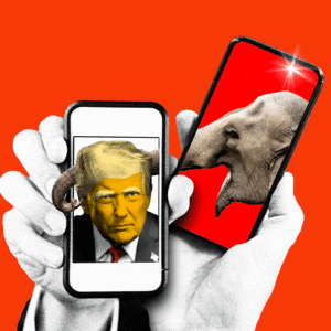 Donald Trump and an Elephant in cellphones on a red background with a flash