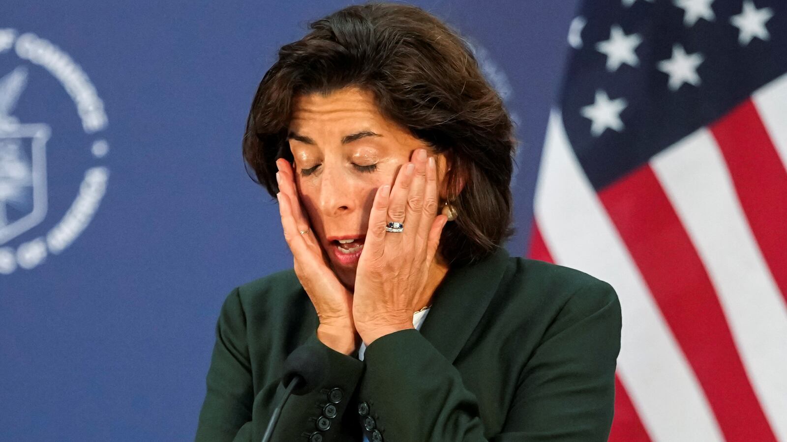 Commerce Secretary Gina Raimondo attends a press conference at the Boeing Shanghai Aviation Services near the Shanghai Pudong International Airport, in Shanghai, China, Aug. 30, 2023.