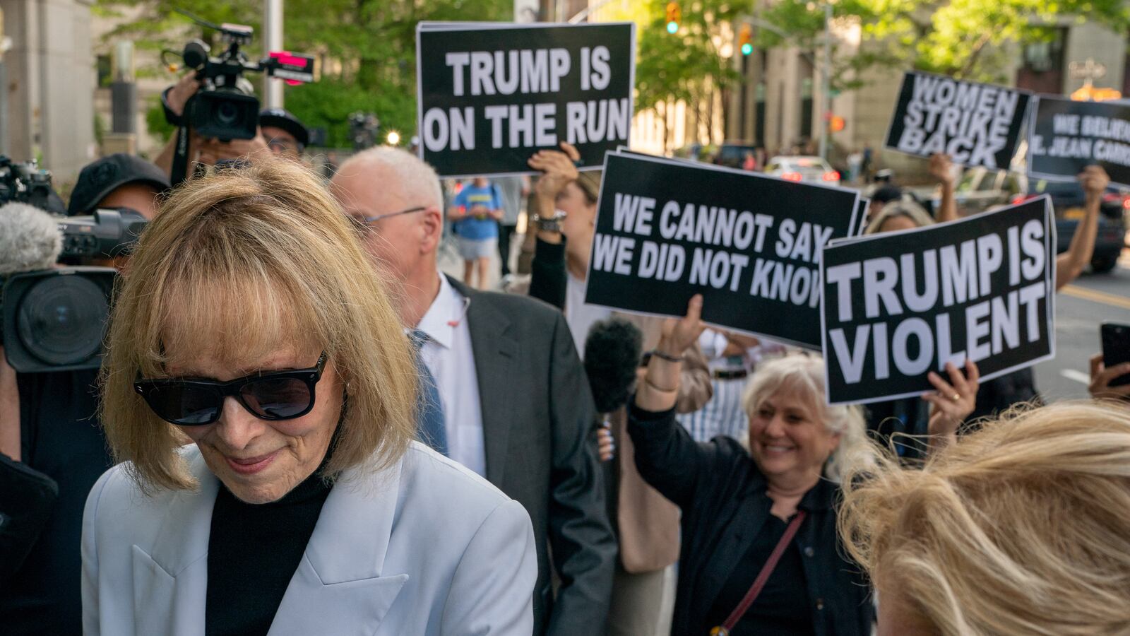 E. Jean Carroll, former U.S. President Donald Trump rape accuser, departs Manhattan Federal Court as the civil case goes into deliberations, in New York City, U.S., May 8, 2023.