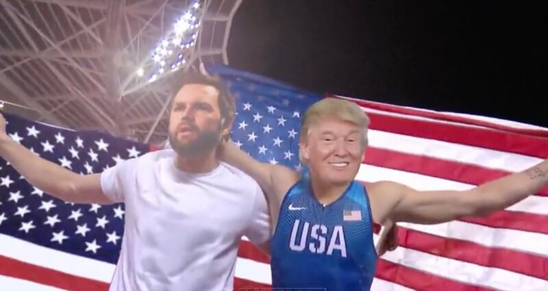 Donald Trump and JD Vance in bizarre pole vaulting meme.