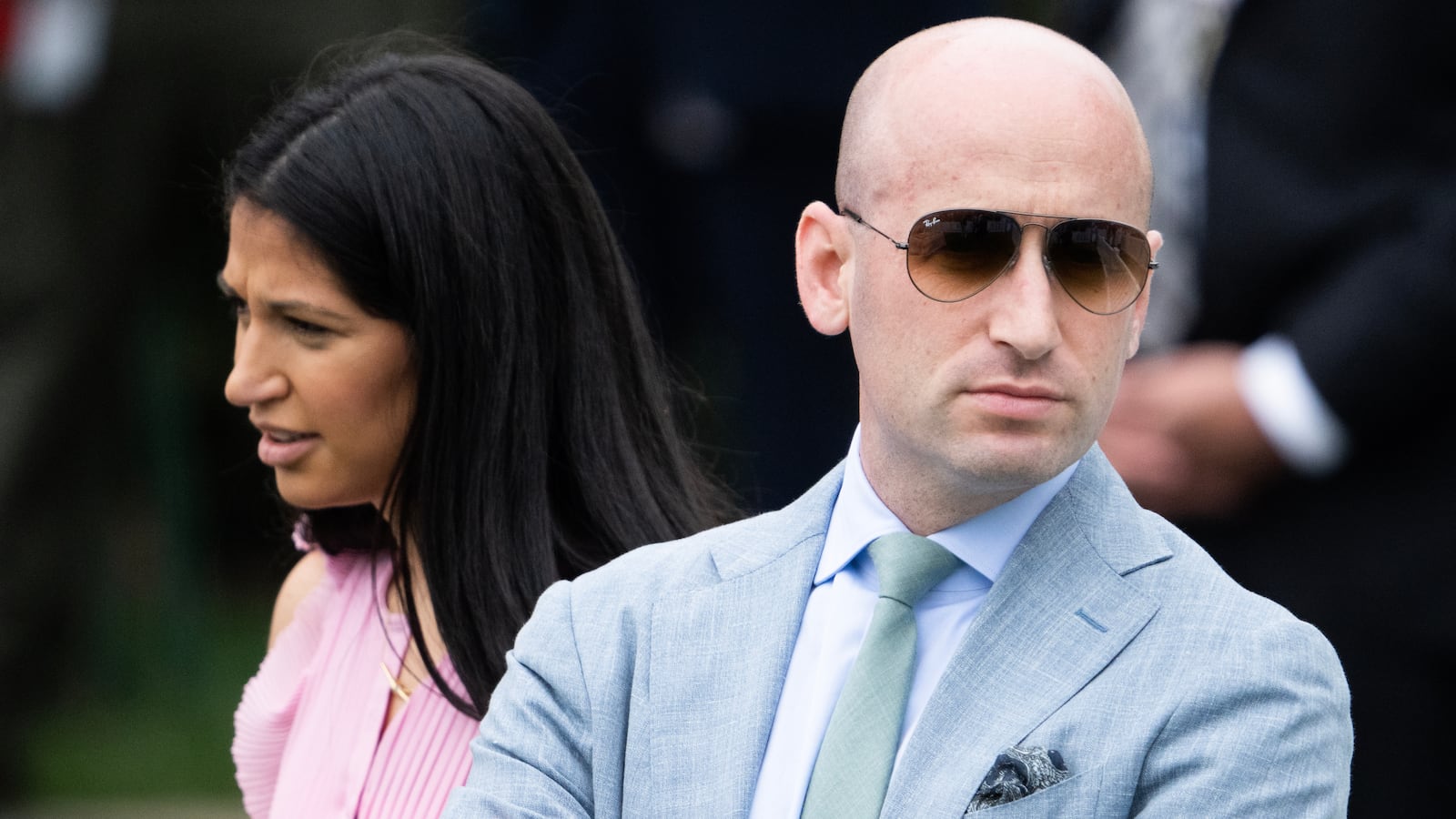 UNITED STATES - APRIL 21: Stephen Miller, White House deputy chief of staff, and his wife, Katie Miller, an aide for DOGE, attend the White House Easter Egg Roll on Monday, April 21, 2025. (Tom Williams/CQ-Roll Call, Inc via Getty Images)