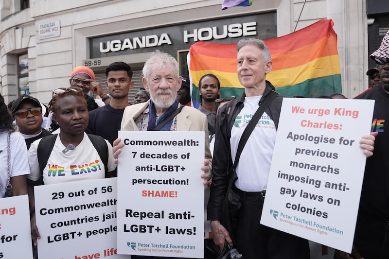 Peter Tatchell (right) and Sir Ian McKellen outside Uganda, central London as people take part in the 'Commonwealth Walk of Shame' march in central London, to protest against the criminalisation of LGBT+ people in twenty nine Commonwealth member states. Picture date: Saturday May 30, 2026.