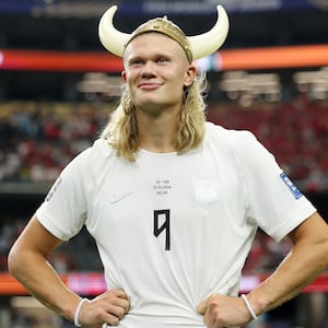ARLINGTON, TEXAS - JUNE 30: Erling Haaland #9 of Norway celebrates after the 2-1 win during the FIFA World Cup 2026 Round Of 32 match between Cote d'Ivoire and Norway at Dallas Stadium on June 30, 2026 in Arlington, Texas. (Photo by Julian Finney - FIFA/FIFA via Getty Images)