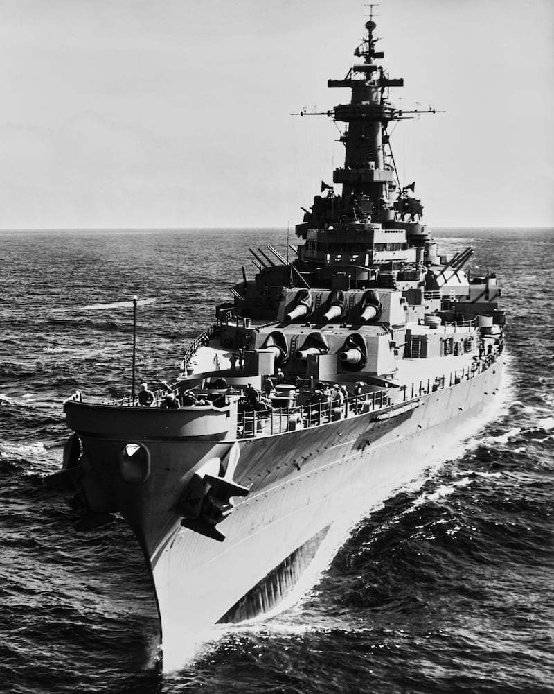 The United States Navy Iowa-class battleship USS Missouri (BB-63) during the combined services Operation Portrex in the Caribbean Sea off the island of Vieques, Puerto Rico circa March 1950. US Navy Official Photo 708227. (Photo by Archive Photos/Getty Images).