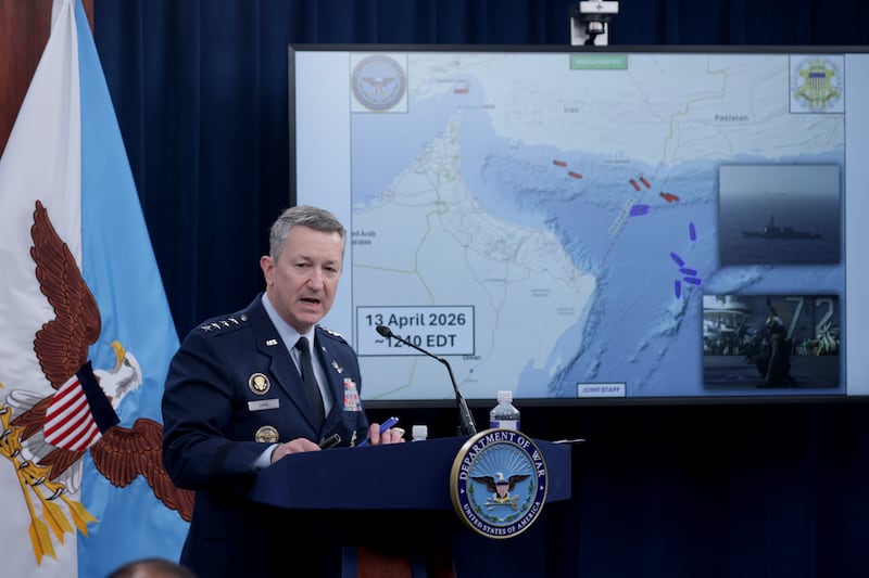 ARLINGTON, VIRGINIA - APRIL 16:  Chairman of the Joint Chiefs of Staff Gen. Dan Caine speaks as he displays a map showing the United States Navy's blockade of the Strait of Hormuz during a press briefing at the Pentagon on April 16, 2026 in Arlington, Virginia. Caine spoke about the war between the United States and Israel against Iran as negotiations continue toward a longer-term agreement between the countries. (Photo by Alex Wong/Getty Images)