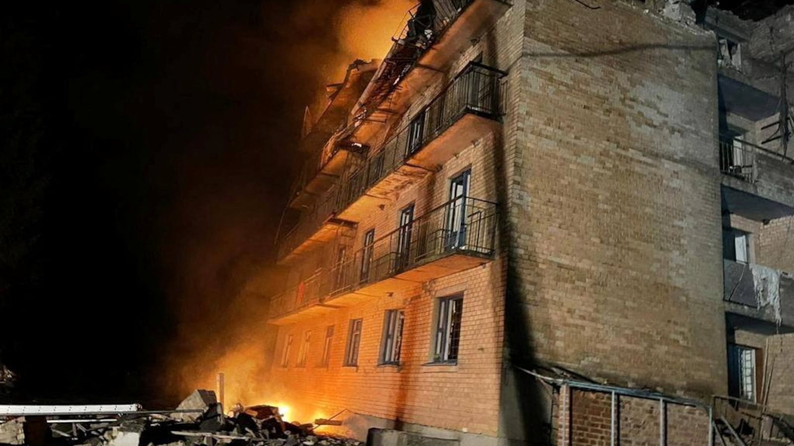 A view shows the building heavily damaged by a Russian drone strikes, amid Russia’s attack on Ukraine, in the town of Rzhyshchiv, in Kyiv region, Ukraine, March 22, 2023.