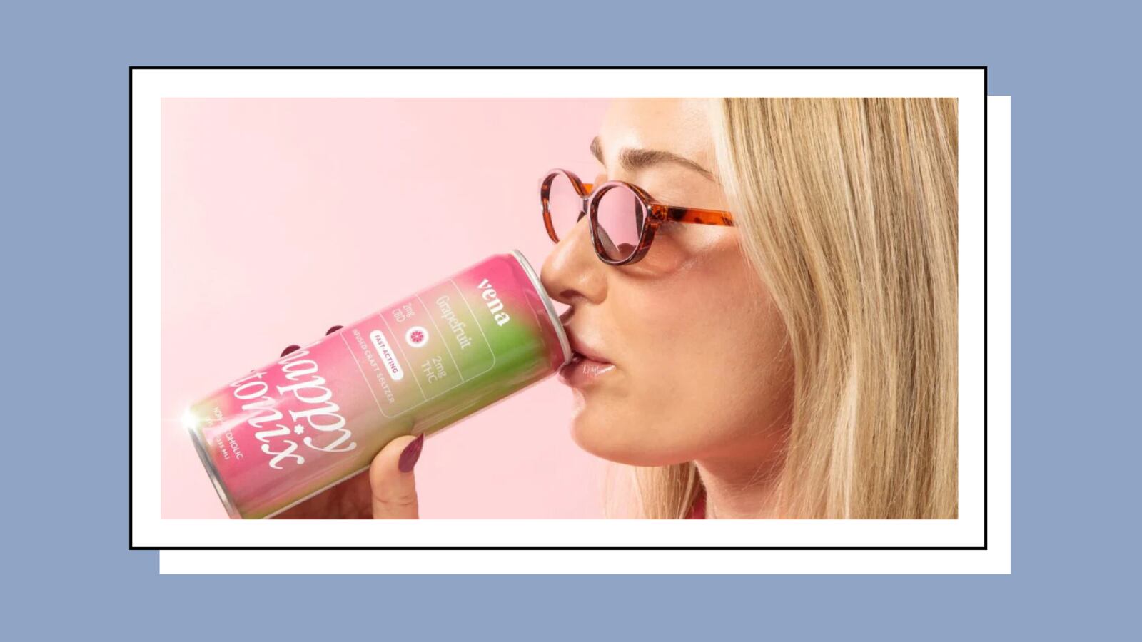 Young woman in sunglasses sipping Vena Happy Tonix grapefruit CBD and THC seltzer, a hemp-infused sparkling beverage for relaxation.