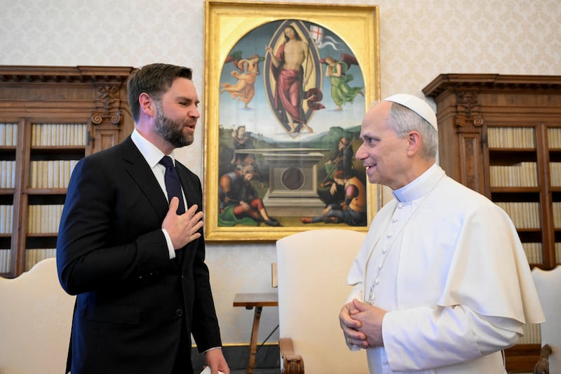 Pope Leo XIV meets with U.S Vice President JD Vance at the Vatican, May 19, 2025. Vatican Media/­Simone Risoluti/Handout via REUTERS    ATTENTION EDITORS - THIS IMAGE WAS PROVIDED BY A THIRD PARTY.