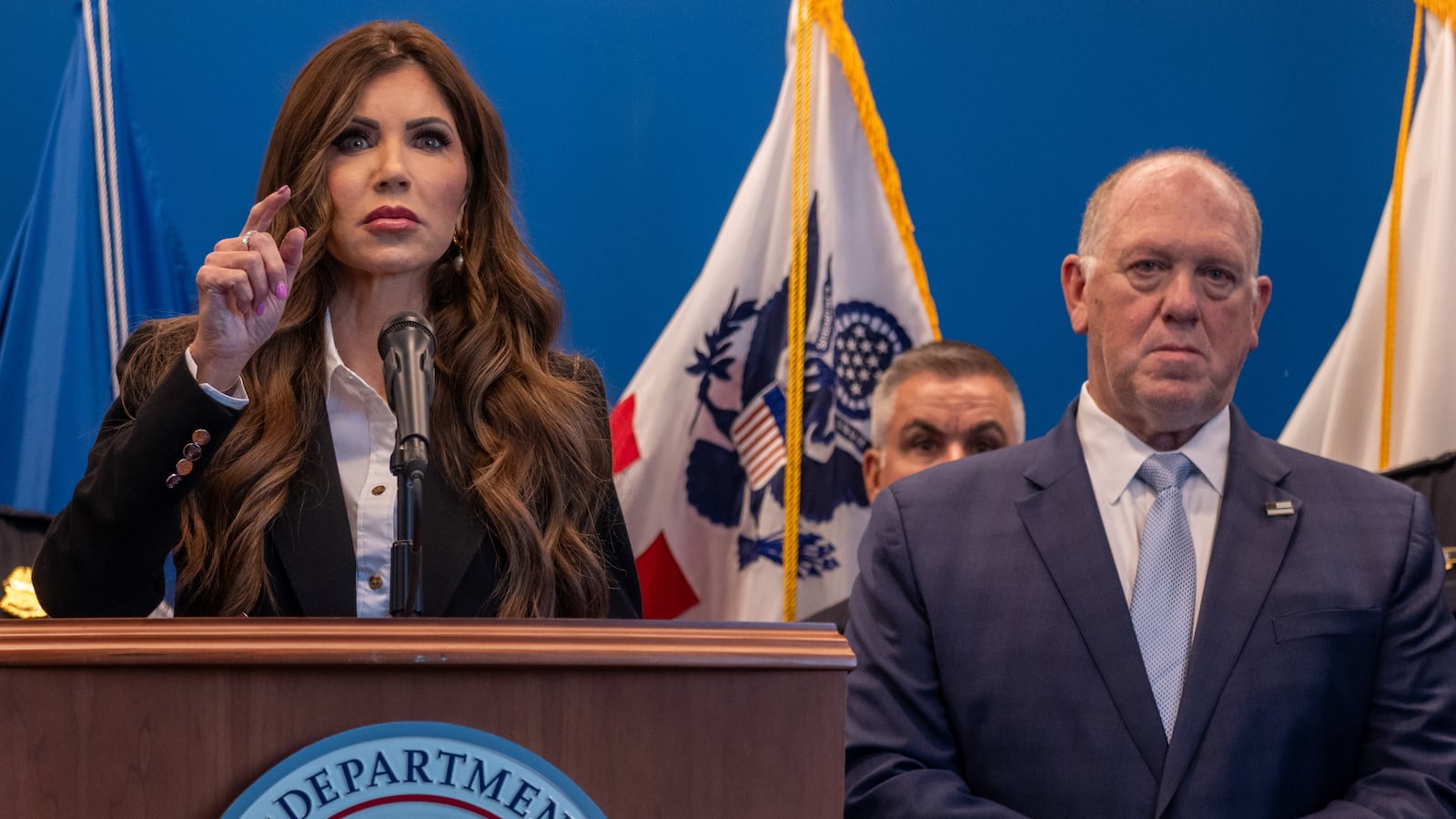 NEW YORK, NEW YORK - JULY 21: Homeland Security Secretary Kristi Noem speaks at a news conference in New York following the weekend shooting of an off-duty Customs and Border Protection officer by an illegal migrant on July 21, 2025 in New York City. The off-duty officer was reportedly struck in the face and forearm in Manhattan’s Riverside Park on Saturday night by Miguel Francisco Mora Nunez, a Dominican national who entered the country illegally. Noem has blamed sanctuary cities and their policies on immigration for the crime. (Photo by Spencer Platt/Getty Images)