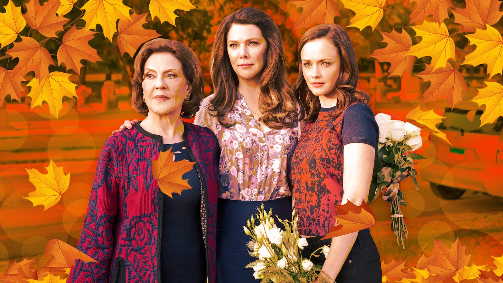 A photo illustration of Kelly Bishop, Lauren Graham and and Alexis Bledel on The Gilmore Girls.