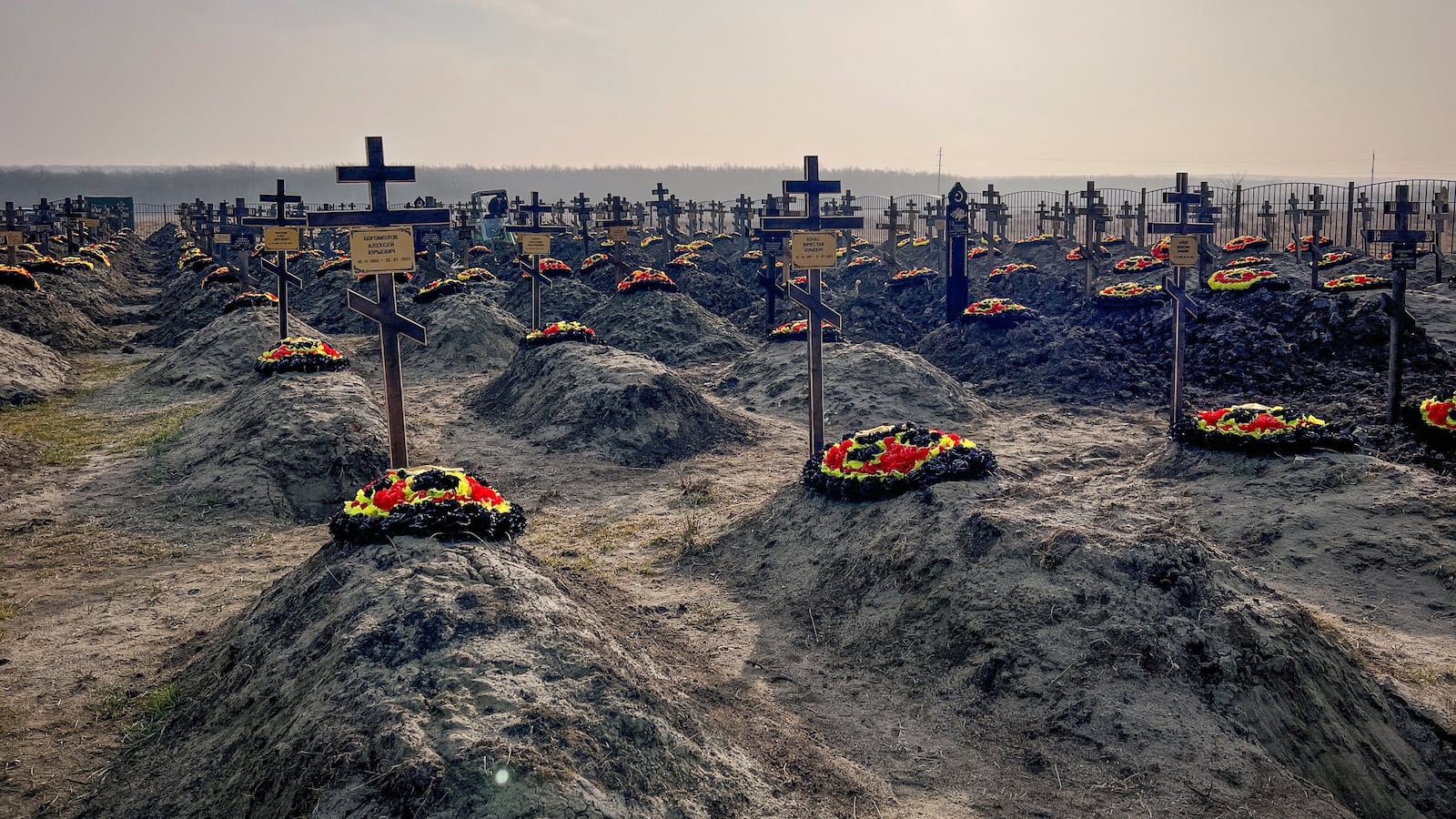 Graves of Russian Wagner mercenary group fighters are seen in a cemetery near the village of Bakinskaya