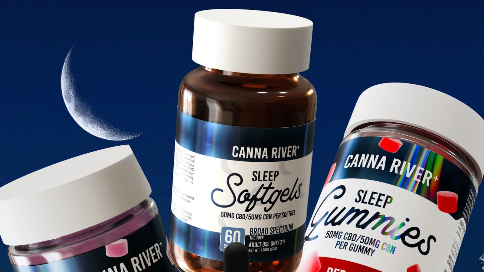 Three Canna River sleep products against a navy blue background with a crescent moon: a bottle of purple gummies, a bottle of Sleep Softgels with 60 capsules, and a bottle of Sleep Gummies.