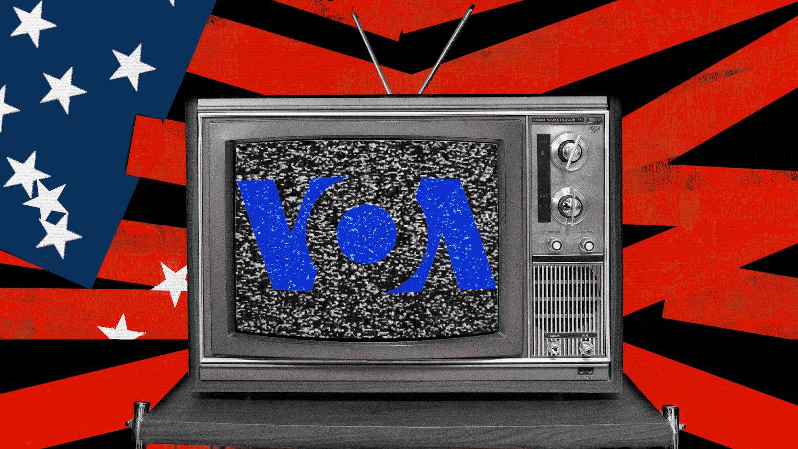 An animated GIF of a TV with the logo of Voice of America on it and static noise.