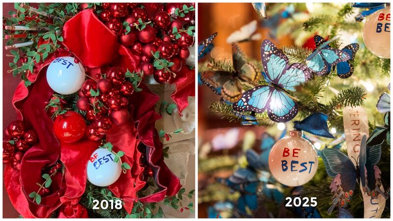 side-by-side picture of Melania's Christmas decorations. at left in 2018