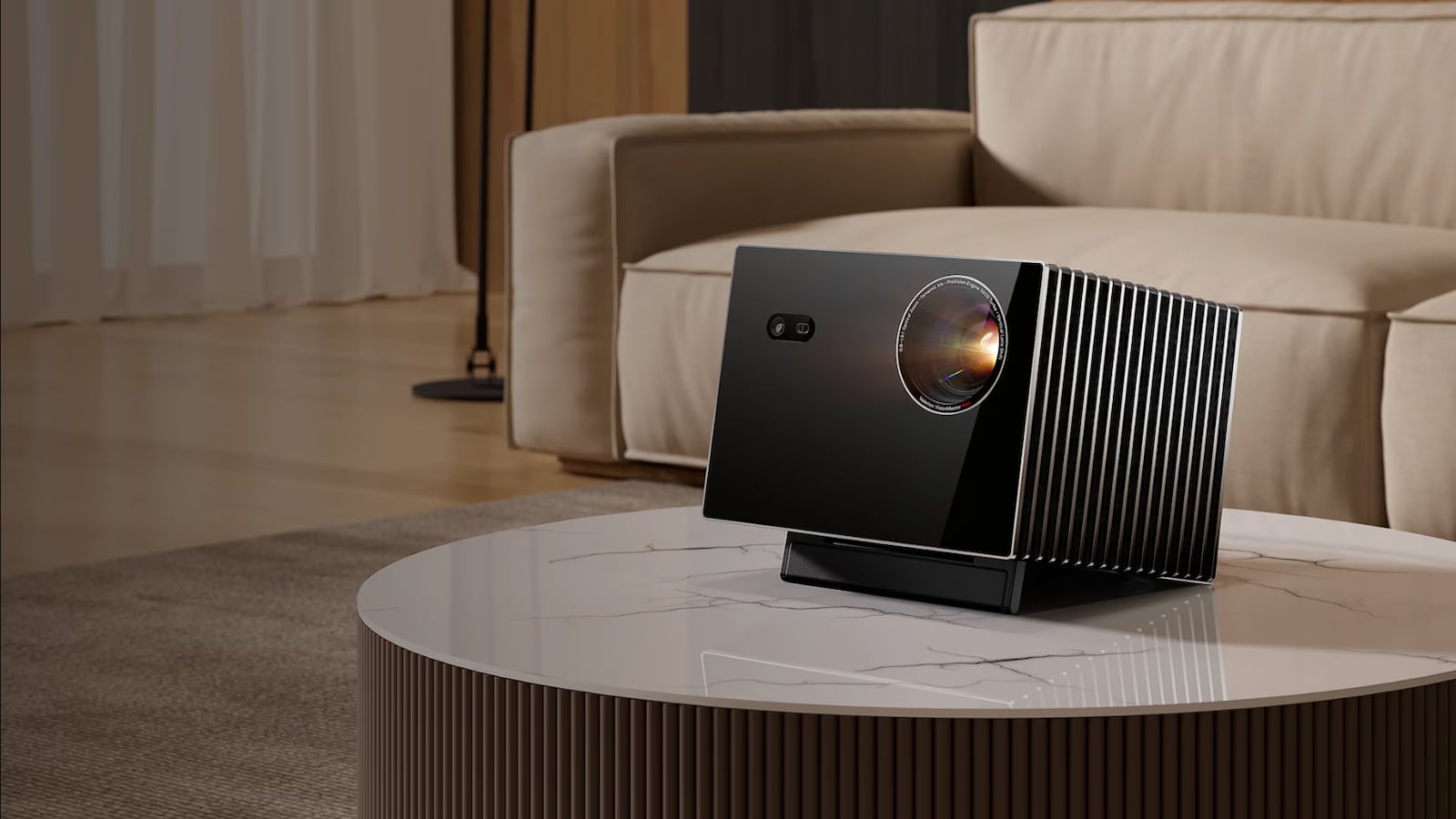 The Valerion VisionMaster Max sits on a marble table top in a sleek, modern room.